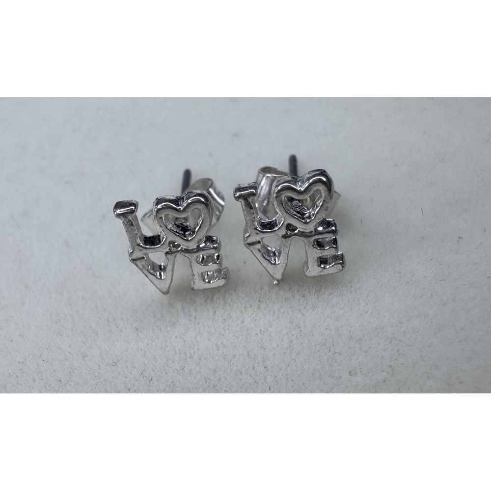 LOVE Silver Stud Earrings W/ Crystal Heart Gem New Without Tags
